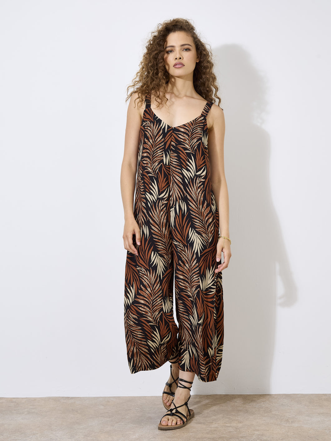 Rust Textured Flowing Leaves Wide Length Jumpsuit