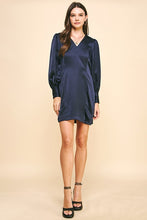 Load image into Gallery viewer, Navy Satin LS V-Neck Mini Dress