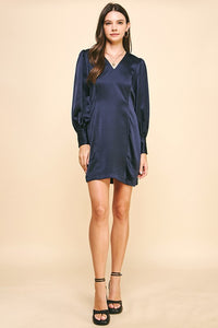 Navy Satin LS V-Neck Mini Dress