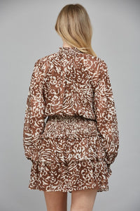 Brown Animal Print Chiffon Smocked Waist Dress