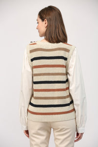 Taupe/Off White Striped Sweater w/ Poplin Undershirt