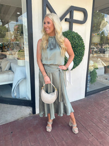 Sage Satin Elastic Neckline Bubble Hem Top