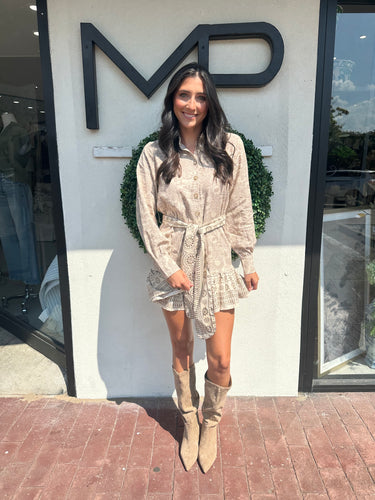 Natural Khaki Printed LS Tie Frnt Dress