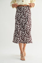 Load image into Gallery viewer, Brown/Ivory Abstract Print Satin Midi Skirt