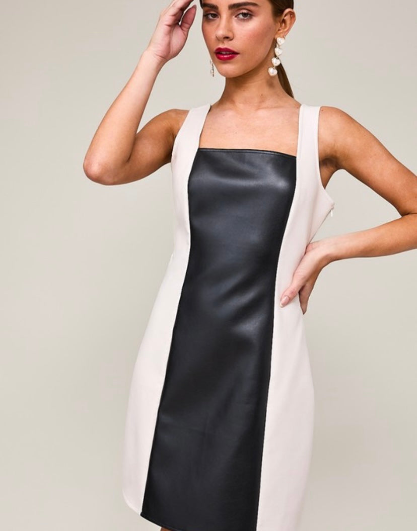 Black/White Colorblock Faux Leather Dress