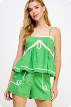 Load image into Gallery viewer, Vibrant Green Braid Trim Slvls Linen Top