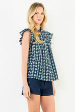 Load image into Gallery viewer, Navy Floral Button Down Flutter Slv Top (THML)