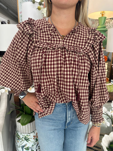 Maroon/Taupe Checkered LS Frnt Tie Top