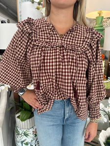 Maroon/Taupe Checkered LS Frnt Tie Top