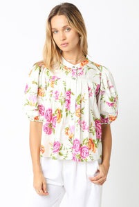 White Floral Puff Slv Button Down Top