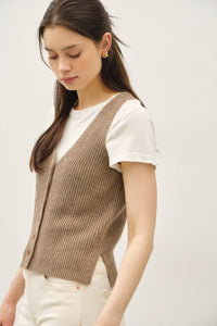 Mocha Ribbed V-Neck Button Up Sweater Vest