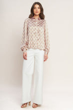 Load image into Gallery viewer, Silky Printed Button LS Blouse Ivory/Pink