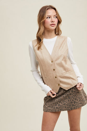 Stone Suede Button Up Vest