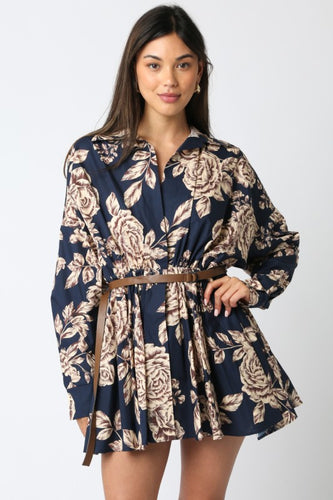 Blue/Cream LS Printed Dress w/ Belt