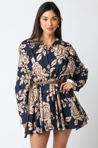 Blue/Cream LS Printed Dress w/ Belt