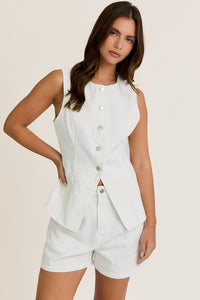 White Denim Button Frnt Slvls Top