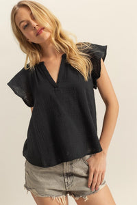 Black Flutter Slv Cotton Top