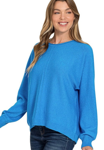 Ocean Blue Viscose Frnt Seam Round Neck Sweater