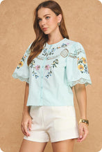 Load image into Gallery viewer, Light Blue Embroidered Floral SS Button Down Top