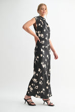 Load image into Gallery viewer, Black Flower Print Satin Mock Neck Maxi Dress