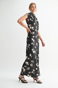 Black Flower Print Satin Mock Neck Maxi Dress