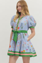 Load image into Gallery viewer, Blue Multi Floral Puff Slv Waist Belt Dress