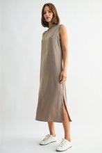 Load image into Gallery viewer, Taupe Satin Rib Neck Midi Dress
