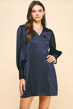 Load image into Gallery viewer, Navy Satin LS V-Neck Mini Dress