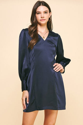 Navy Satin LS V-Neck Mini Dress