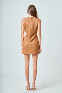 Camel Slvls Faux Suede Gold Button Mini Dress