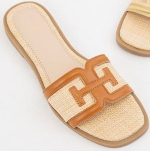 Cognac Raffia Slip On Sandal