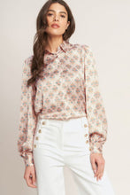 Load image into Gallery viewer, Silky Printed Button LS Blouse Ivory/Pink