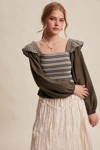 Olive Contrast Stitch Smocked LS Top