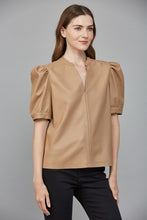 Load image into Gallery viewer, Latte Leather Split Neck Puff Slv Top