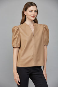 Latte Leather Split Neck Puff Slv Top