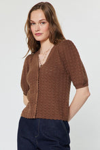 Load image into Gallery viewer, Brown V-Neck Scalloped SS Cardigan Sweater