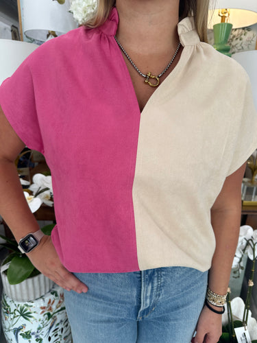 Cream/Pink Colorblock Suede Top (THML)