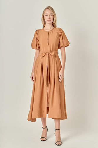 Camel Puff Slv Midi Dress