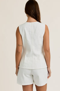 White Denim Button Frnt Slvls Top