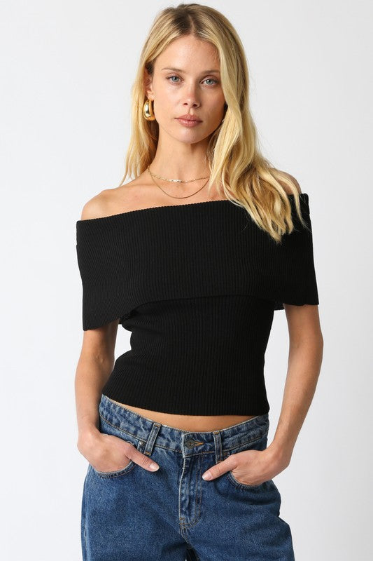 Black Ribbed OTS Top