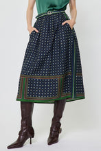 Load image into Gallery viewer, Navy Multi Print Buckle Belt Midi Skirt