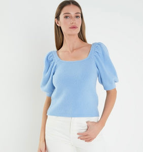 Powder Blue Puff Slv Crop Sweater