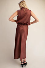 Load image into Gallery viewer, Mocha Mock Neck Satin Polka Dot Top