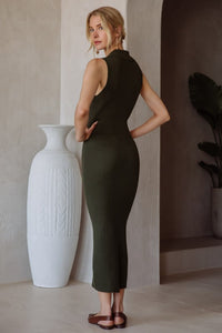 Dark Olive Gold Twist Button Midi Dress