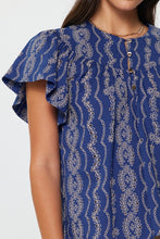 Load image into Gallery viewer, Berry Blue Eyelet Gold Button Flutter Slv Top