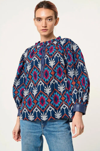 Navy Multi Mix Media Embroidered Top