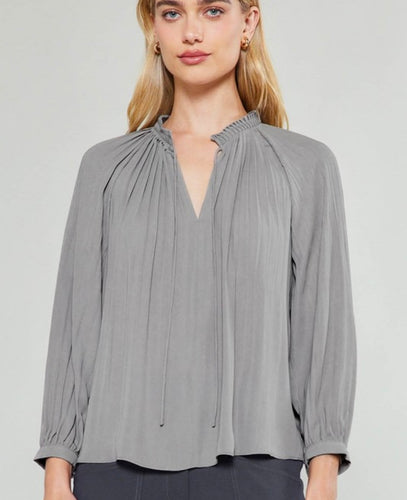 Grey 3 Quarter Slv Tie Frnt Pleated Top