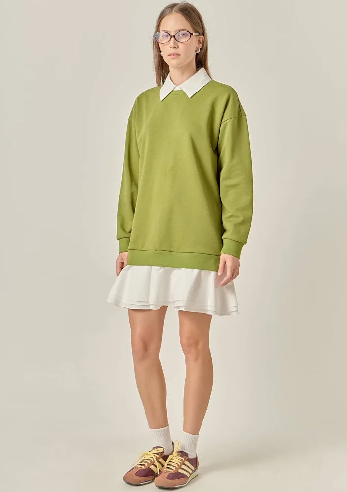 Olive/White Mixed Media Mini Dress