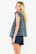Load image into Gallery viewer, Navy Floral Button Down Flutter Slv Top (THML)
