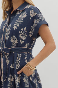 Navy Printed Button Down Tie Waist Dress